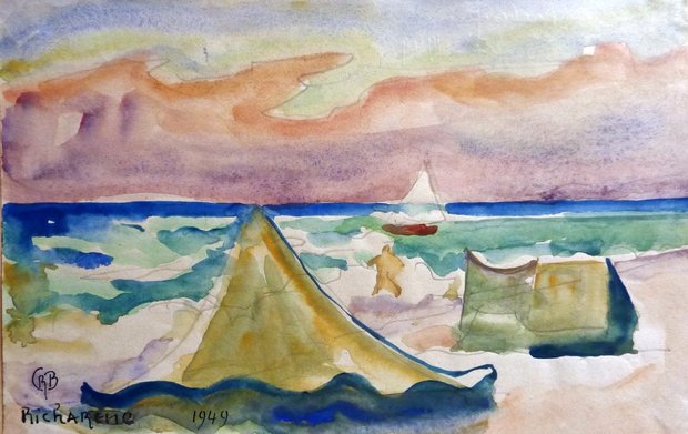 Tentes en bord de mer, Palavas, gouache, 1949