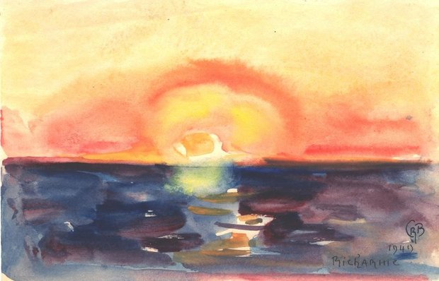 Palavas, 19 Septembre 1949, lever de soleil, gouache