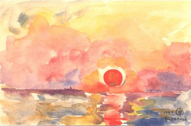 Palavas, aout 1949, lever de soleil, gouache