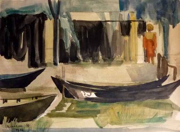 Filets et barques à Palavas, 1956, gouache