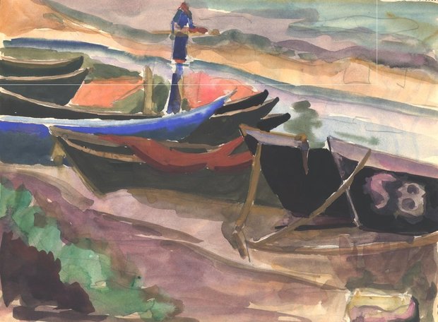 Barques au bord de l'eau, 1948, carnet n°9, gouache