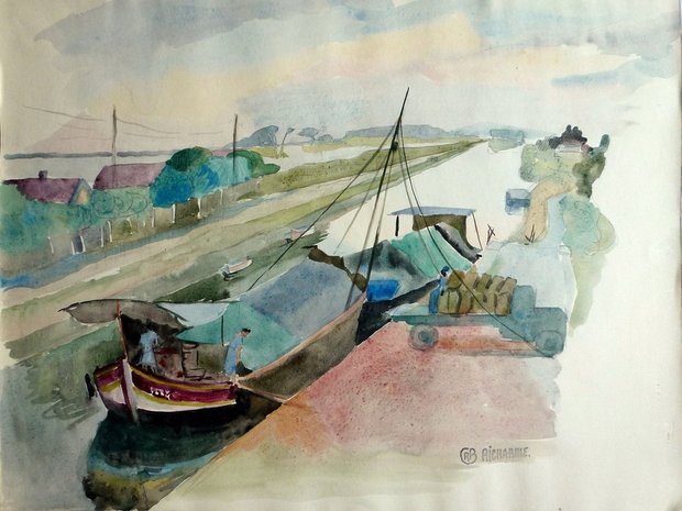 Péniche sur le canal, 1941, carnet n°18, gouache