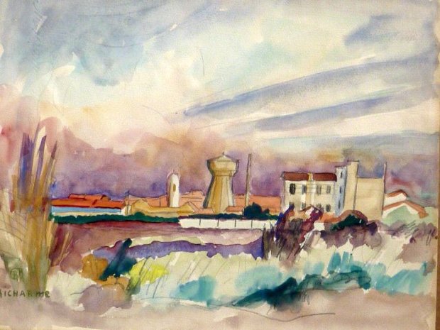Le château d'eau de Palavas, 1948, gouache