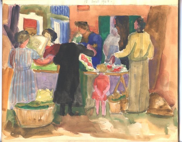 Le marché, 1948, carnet n°9, gouache