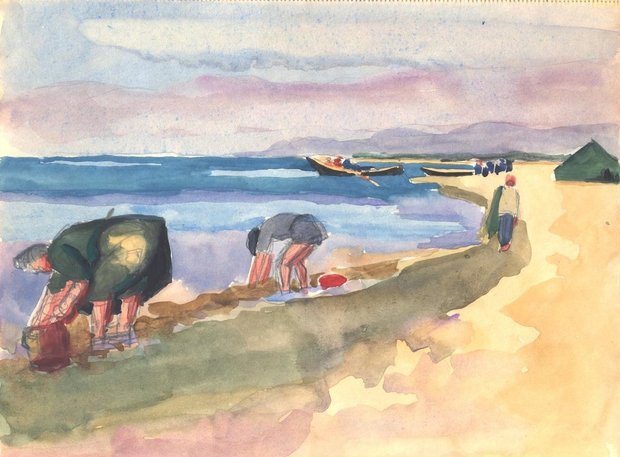 Palavas, la pêche à pied, 1948, gouache