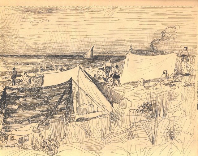 Les tentes sur la plage, 1947, carnet n°2, encre
